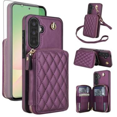 Imagem de Capa de celular para Samsung Galaxy A56 5G carteira de celular com protetor de tela de vidro temperado alça transversal para pulso com suporte para cartão de crédito com bloqueio RFID A 56 56A LTE