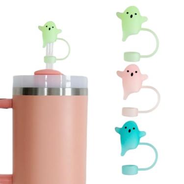 Imagem de 3 peças luminosas de cobertura de palha de Halloween para Stanley Cup, topo de palha fantasma de silicone de 10 mm compatível com copo de 30 e 1,134 g para férias