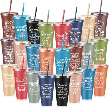 Imagem de Uiifan 24 peças, presentes de assistente social para mulheres, copos de plástico de 680 g, tampa e canudo presentes de agradecimento a granel para assistentes sociais, colegas de trabalho, formatura