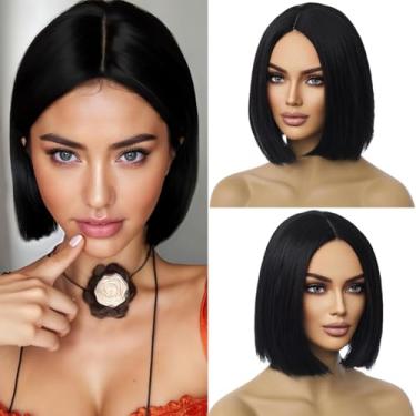 Imagem de Ufindcos Peruca preta Bob peruca preta parte lateral peruca reta curta peruca de cabelo preto para mulheres meninas sintética resistente ao calor fantasia Halloween festa peruca com touca (preta, 25 cm)