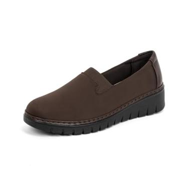 Imagem de ACANER Mocassins ortopédicos femininos bico redondo confortável sem cadarço joanetes sapatos de trabalho elásticos sapatos ortopédicos para caminhada com suporte de arco, Marrom escuro, 38