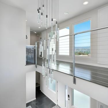 Imagem de Homeooze Lustre de cristal moderno de 452 cm com 28 luzes para entrada de teto alto, sala de estar, luminária de teto com montagem embutida, altura ajustável, lustres reguláveis por LED, acabamento