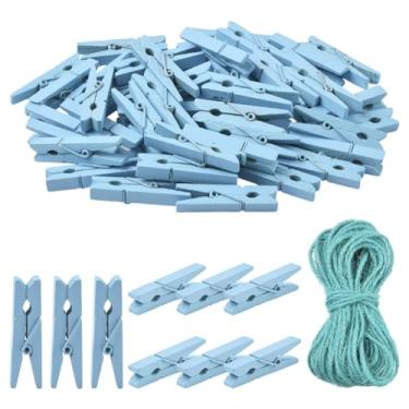 Imagem de SOFPLATE 1 caixa mini clipes de imagem de 4 cm prendedores de roupa de madeira azul com pinos de madeira de barbante de 10 m, pequenos clipes rústicos com mola de metal para pendurar fotos, artesanato