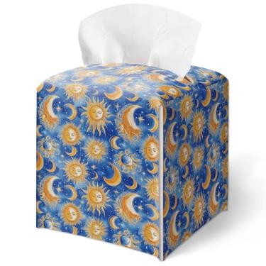 Imagem de Capa de caixa de lenços de galáxia espacial, padrão celestial azul amarelo, capa quadrada à prova d'água, decoração de mesa para sala de estar vaidade escritório, decoração de casa estética, presente