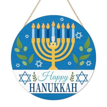 Imagem de LHIUEM Placa de parede 3D Happy Hanukkah Chanukah Cabide de madeira 28 cm vintage 3D decoração de castiçal feliz Hanukkah decoração de porta Bem-vindo guirlanda de ano novo judaico Chanucá estrela