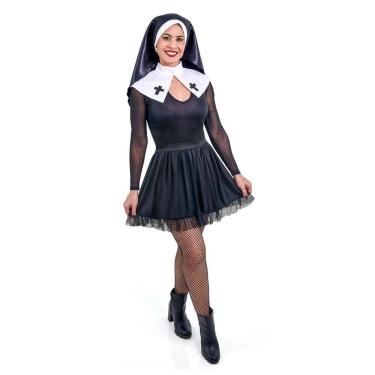 Imagem de Fantasia Freira Adulto Vestido Noviça Rebelde Irmã Religiosa Cosplay Carnaval Bloquinho Festa Halloween Noites Terror