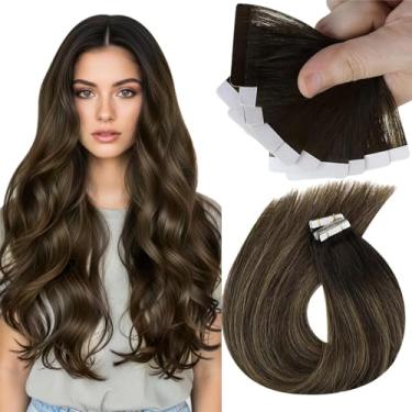 Imagem de Sunny Hair Extensões de cabelo humano real com fita adesiva invisível Remy extensões de cabelo para mulheres marrom escuro ombré marrom médio balayage 40,6 cm 25G