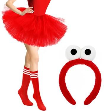 Imagem de Preboun Fantasia de Halloween para mulheres, 5 camadas, tule, saia tutu listrada, meias até o joelho, faixa de cabeça, acessórios para fantasia, Vermelho, 14×19cm/5.5×7.4inch