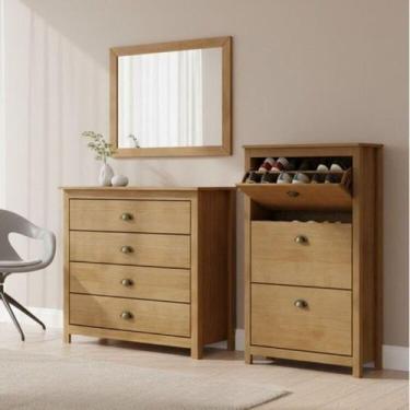 Imagem de Conjunto Sapateira + Cômoda 4 Gavetas + Moldura com Espelho 100% Madei