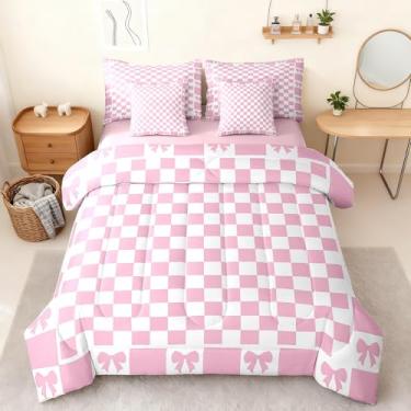 Imagem de Manfei Conjunto de cama solteiro com estampa rosa e branca, 7 peças, laço rosa princesa com laço e laço com lençol para crianças, xadrez geométrico, arte simples, conjunto de cama em uma bolsa com