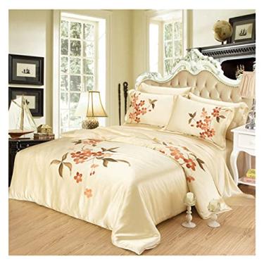 Imagem de Conjunto de cama de seda pura 4 peças estampa floral com capa de edredom lençol de cama 2 fronhas (Cor: A, Tamanho: Queen Size 4 peças) (B Queen Size 4 peças)