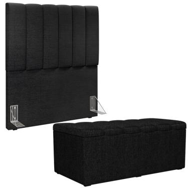 Imagem de Kit Cabeceira Cama Box Solteiro 100cm e Calçadeira Recamier Baú Dália W01 Linho Chumbo - Lyam Decor