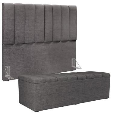 Imagem de Kit Cabeceira Cama Box Casal 140cm Calçadeira Recamier Baú Dália W01 Linho Cinza Escuro - Lyam Decor