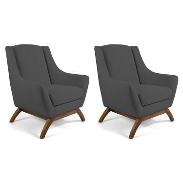 Imagem de Kit 02 Poltronas Decorativa Fixa Base de Madeira Juliet D02 Veludo Cinza C-317 - Lyam Decor