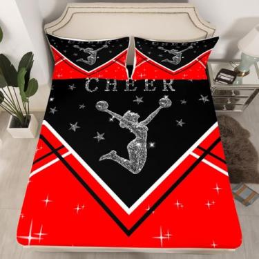 Imagem de Manfei Jogo de lençol solteiro Cheer Kids para decoração de quarto de meninos e meninas, preto e vermelho com 1 fronha, de poliéster macio, sem lençol de cima