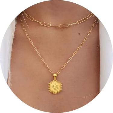 Imagem de Colar personalizado com pingente de letra A-Z, design hexagonal de corrente de camada dupla, joia minimalista de aço inoxidável para mulheres, F, Aço inoxidável, Sem Pedra Preciosa