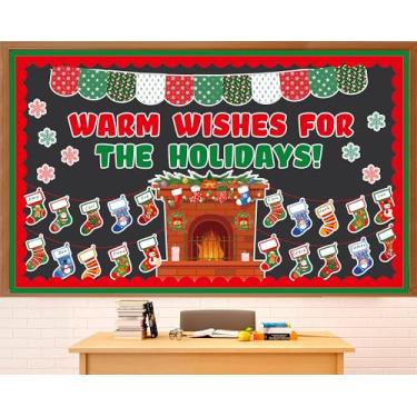 Imagem de Conjunto de quadro de avisos de lareira de Natal, desejos calorosos de Natal, decorações de sala de aula, meias de inverno, lareira, recortes de papel para escola, casa, lousa e porta de parede