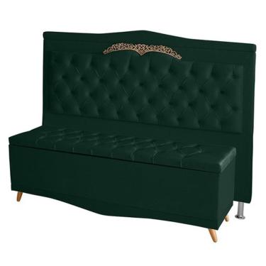 Imagem de Kit De Cabeceira De Cama Box E Calçadeira Baú Barcelona Queen 160 Cm Retro Capitonê Suede Verde Do Lar Móveis
