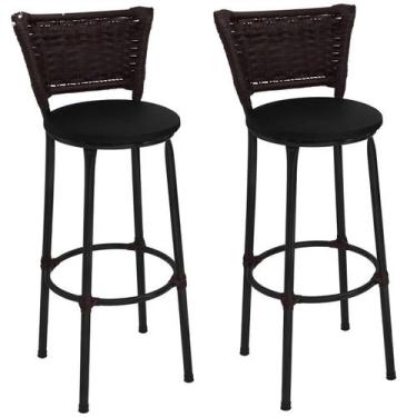 Imagem de Kit 2 Banquetas Altas Preta com Encosto Junco Argila Assento Preto - F