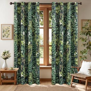 Imagem de keensoft Cortinas blackout botânicas 100% para quarto de 203 cm de comprimento, conjunto de 2 painéis, vintage, verde, planta, floral, preto, cortinas isoladas com ilhós, escurecimento de quarto