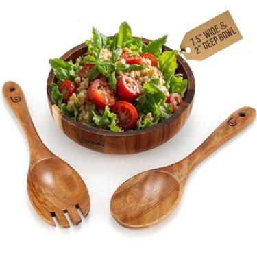 Imagem de Boxiki Kitchen Conjunto de 3 tigelas de salada de madeira – Tigela grande de madeira de acácia para servir salada com colher e espátula com fenda, tigela de mistura de madeira para salada, macarrão e
