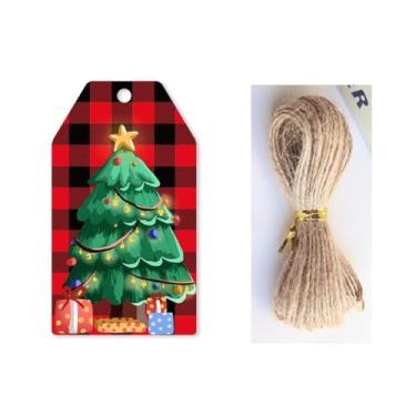 Imagem de 50 etiquetas de presente de papel de Natal com cordas, etiquetas de presente de papel de feliz Natal de 6,9 cm x 4,1 cm, etiquetas de presente com corda para lembrancinhas de festa, sacos de