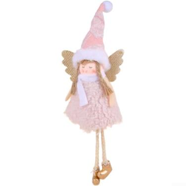 Imagem de Pingente de pano para pendurar menina anjo de Natal para decoração festiva de árvore de férias, decoração de festa ou casa, damasco/cinza/branco/rosa, 21 x 8 cm