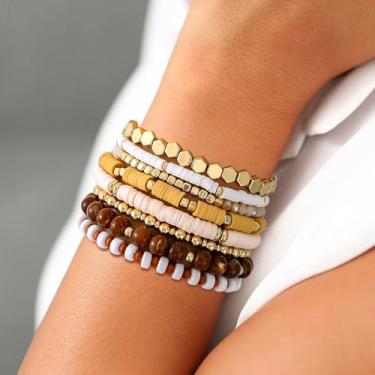 Imagem de Pulseiras femininas com contas de argila Heishi de surfista com contas hexagonais boêmia empilháveis banhadas a ouro com contas elásticas conjunto de pulseiras da amizade conjunto de joias presente