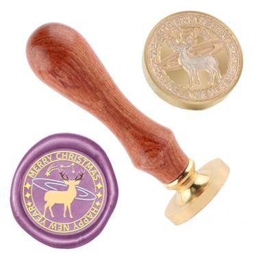 Imagem de Carimbo de lacre de cera de Natal carimbo de selagem de alce latão e uma alça de madeira carimbos cabeça para cartões de natal convites de festa carta envelope cartões de felicitações presentes