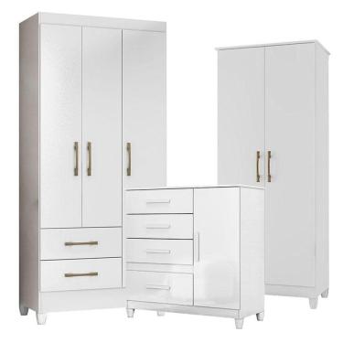 Imagem de Guarda Roupa Infantil Lima Com Cômoda Vênus Com Pés E Armário Multiuso Jade Branco Brilho - Moval