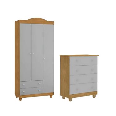Imagem de Kit Lara Cômoda E Guarda Roupas Clean Moderno Mdf Resistente Cinza Nature