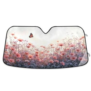 Imagem de ATTX Para-brisa de carro flores silvestres rosa 144.8 cm x 80.0 cm escudo solar universal com proteção UV, persiana de janela frontal automática dobrável para caminhões Sedans SUVs #292