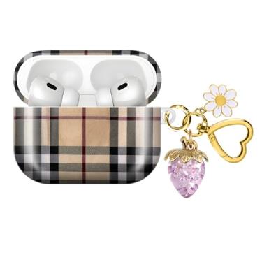 Imagem de Capa de fone de ouvido sem fio compatível com AirPod PRO 3 2025 à prova de choque e poeira com um lindo pingente de chaveiro de morango adequado para mulheres (morango roxo xadrez)