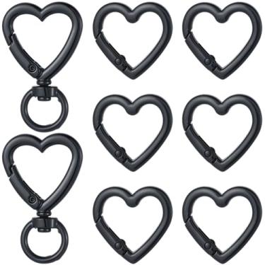 Imagem de SUNNYCLUE 1 caixa, 6 peças de ganchos de chaveiro de coração com abertura dupla, clipes de fecho giratório, metal, preto, fofo, forma de amor, mola e gatilho de pressão, gancho de fivela para chaveiro