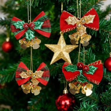 Imagem de 4 peças de enfeites de arco e sino, guirlandas de Natal, decorações de árvore de Natal, decoração de galhos perenes falsos, decorações de casa, festa e restaurante