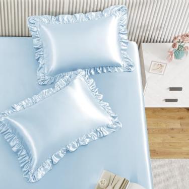 Imagem de Homiest Jogo de lençol com elástico de 3 peças, lençol de cetim azul bebê King com 2 fronhas com babados, bolso profundo de 38 cm, jogo de cama fofo e coquete de seda para decoração de quarto