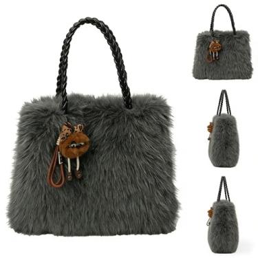 Imagem de Mini sacola fofa de pele sintética, bolsa de ombro feminina mini tiracolo - bolsa macia e felpuda para uso diário, Preto