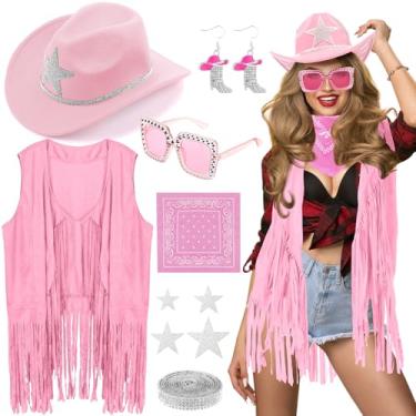 Imagem de Tiamon Acessórios de fantasia de faroeste para mulheres, cowgirl, franja, colete de caubói, strass, brincos, óculos, paisley, Rosa claro, One Size