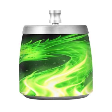 Imagem de Qilmy Cinzeiro de aço inoxidável Green Dragon Fire com tampa - Cinzeiro de cigarro à prova de vento sem cheiro sem fumaça para casa, escritório, carro, pátio, varanda (uso interno e externo)