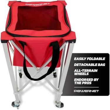 Imagem de PowerNet Carrinho com rodinhas para bolas de beisebol, softbol e tênis, suporte de bola multiesportivo portátil para armazenamento, funil de bola de beisebol e tênis para uso durante treinamento e