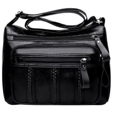 Imagem de Bolsa Feminina Transversal em Couro PU, 4 Divisões com Zíper, Preta, Espaçosa e Leve, Ideal para Uso Diário (Preta)