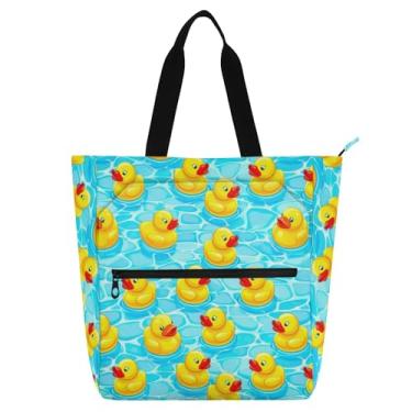 Imagem de Sacola reutilizável infantil fofa de patos amarelos azul piscina Oxford bolsa de ombro para escola e aulas de música
