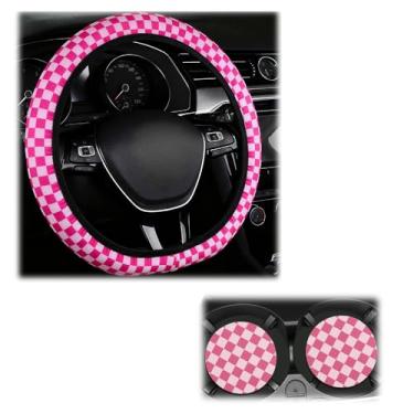 Imagem de Capa de volante quadriculada com 2 peças de porta-copos de carro, capa antiderrapante para volante de carro para proteção e decoração, capas de rodas de carros de 36 a 38 cm, acessórios quadriculados