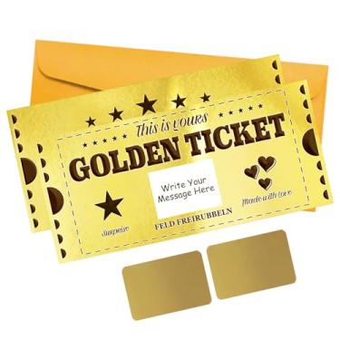 Imagem de PLIGREAT 2 conjuntos de bilhetes dourados com envelope, cartões de raspar impressos duplamente 20 cm x 9 cm presente surpresa revelar cartões de cupom DIY para aniversário, feriado, sorteio de voucher