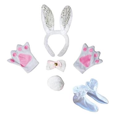Imagem de Petitebella Tiara de coelho com orelhas de borboleta, luvas de cauda, 5 peças, fantasia 1-5 anos (branco/branco lantejoulas, tamanho único)