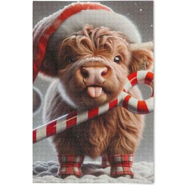 Imagem de Cute Highland Cow Christmas 1000 peças quebra-cabeças para adultos pintura de arte floral único divertido brinquedo adulto personalizado divertido bobo, 75 cm x 50 cm