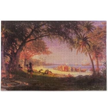 Imagem de Quebra-cabeça personalizado Bierstadt Albert Landing Columbus 1000 peças presentes para adultos jogo elefante branco família diversão quebra-cabeças arte animal impressão, 75 cm x 50 cm
