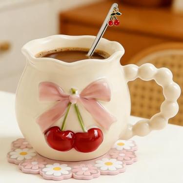 Imagem de Disoza Caneca de café bege de 326 g com laço de cereja coquete porcelana xícara de chá xícara de café de cerâmica caneca fofa caneca personalizada para mulheres meninas