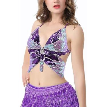 Imagem de Regata feminina sexy com glitter e borboleta, corte baixo, colete tubular para dança do ventre