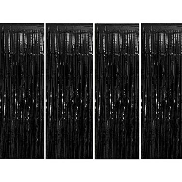 Imagem de Muhome Cortina de franjas de folha preta, 4 peças de 9,5 m x 2,3 m Metálico Tinsel Cortina de parede para fotos de casamento, aniversário, chá de bebê, despedida de solteira, decorações de festa de Natal